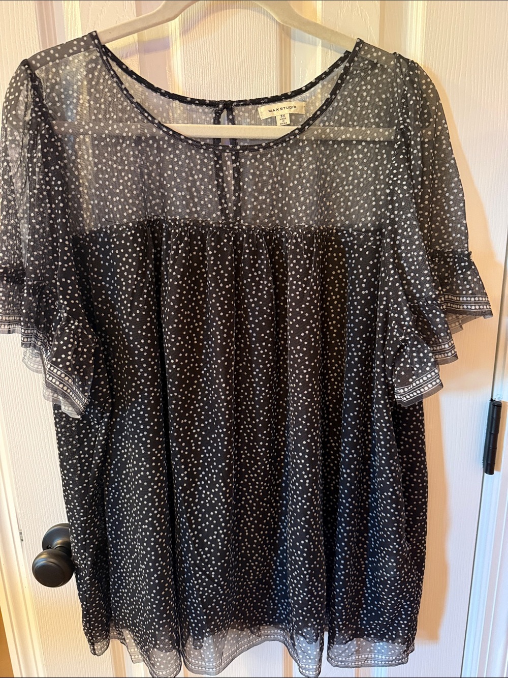 Max Studio Black Sheer Dot Flutter Sleeve Blouse